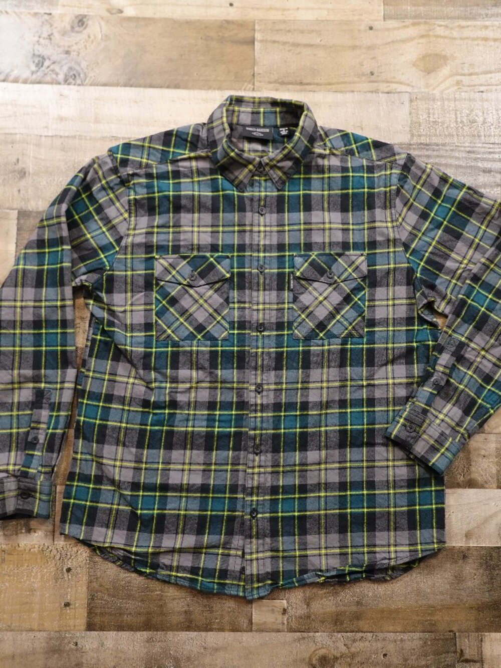 Harley-Davidson Plaid Flannel Shirt Men's XL Gray Green Teal Biker Moto
